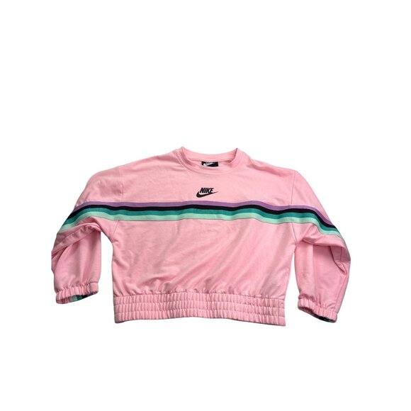 Nike Womens Crop Top Size S Striped Spellout Swoosh Pink Purple Black Green - Picture 1 of 5
